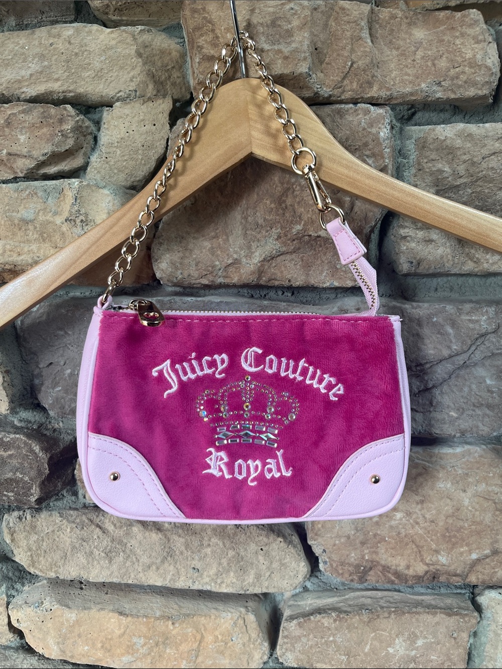 Juicy Couture Pink Velvet Royal Embroidered Mini Bag with Gold Chain